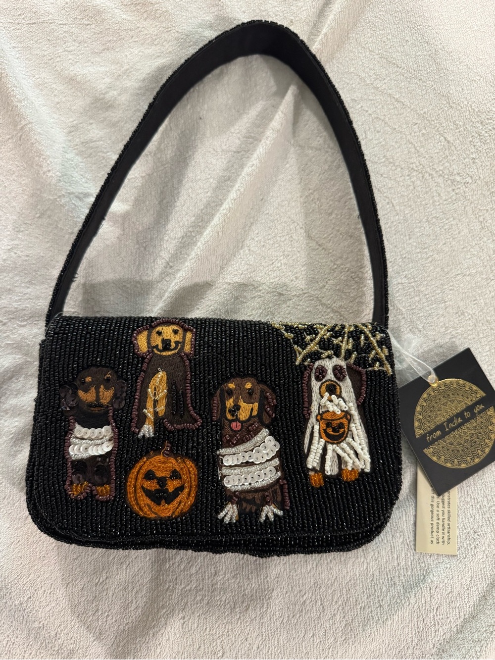 NWT Viral Black Beaded Halloween Dog Ghost Shoulder Bag